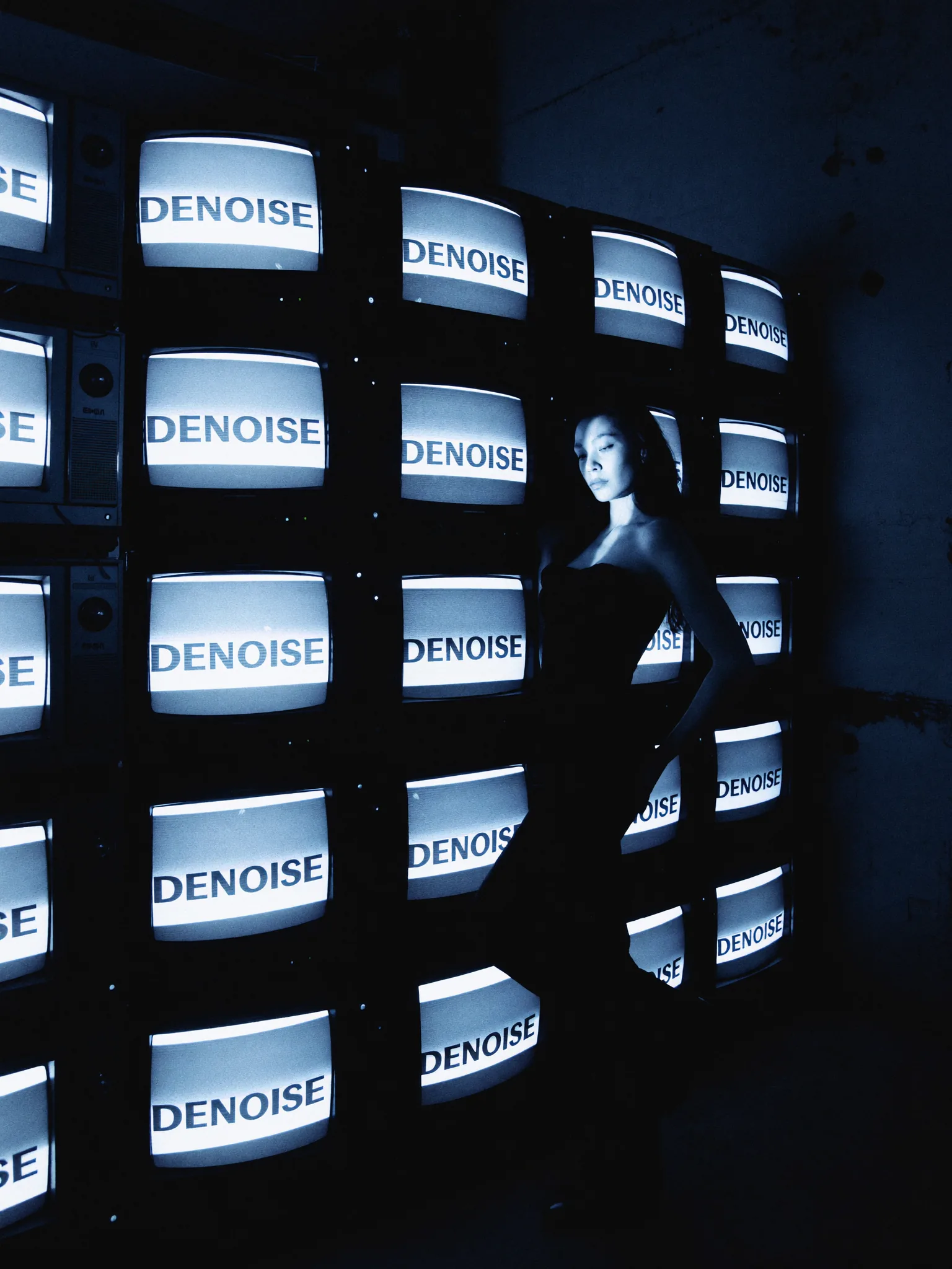 Muro de monitores emitiendo el wordmark DENOISE